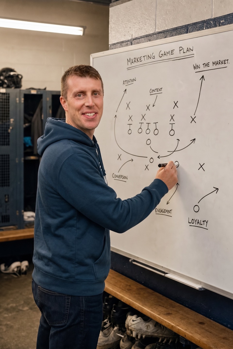 Zac Weikal drawing up a Marketing Game Plan on a whiteboard in a football locker room