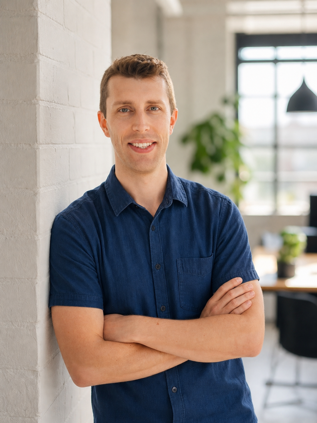 PLACEHOLDER: Man at coffee shop window with main street view outside