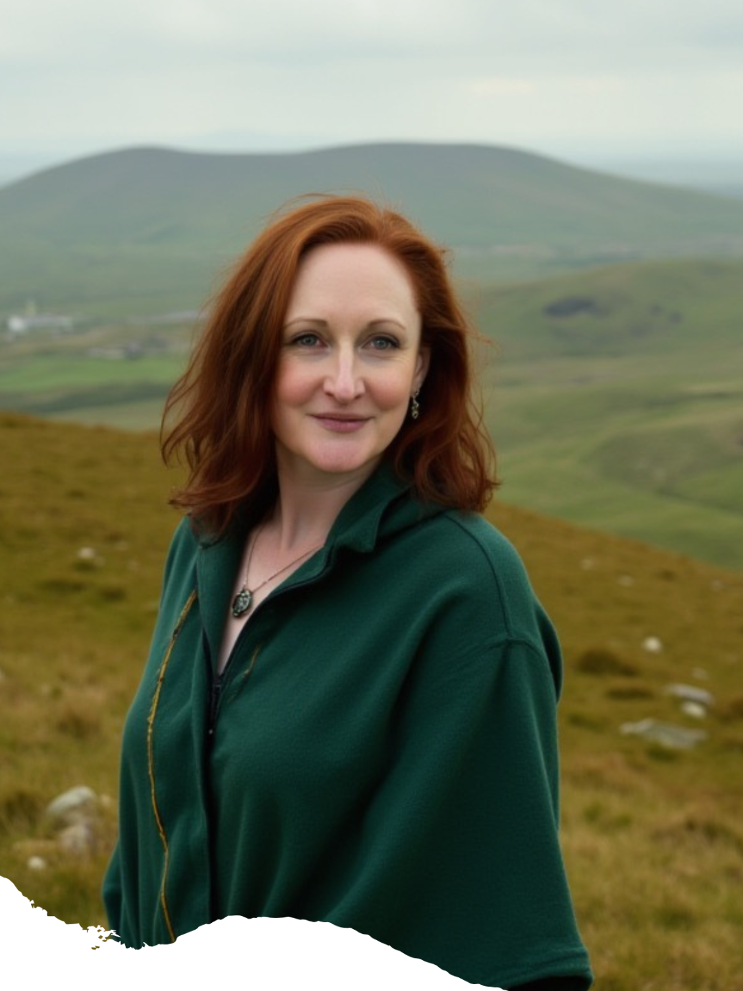 Aodaoin, spiritual mentor, standing on an Irish hillside in a green coat