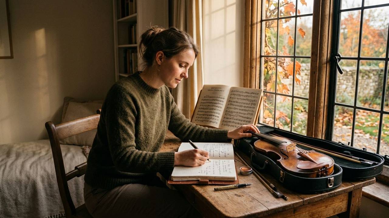 Musician preparing for a focused fall practice session with an instrument, sheet music, and a practice notebook in warm autumn light.