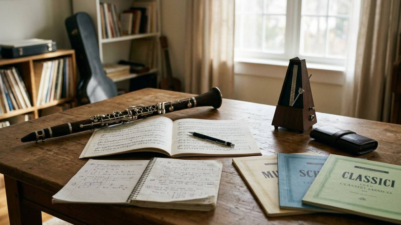A classical musician’s practice materials arranged like a thoughtfully balanced meal, with sheet music, a clarinet, a practice journal, and foundational exercises organized across a table.
