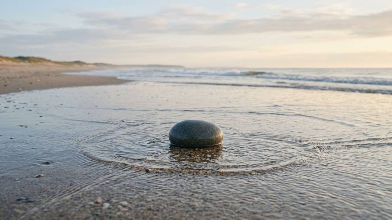 A single smooth stone resting at the center of a quiet beach, surrounded by shallow water and gentle waves, symbolizing stability, structure, and an anchor amid constant movement.