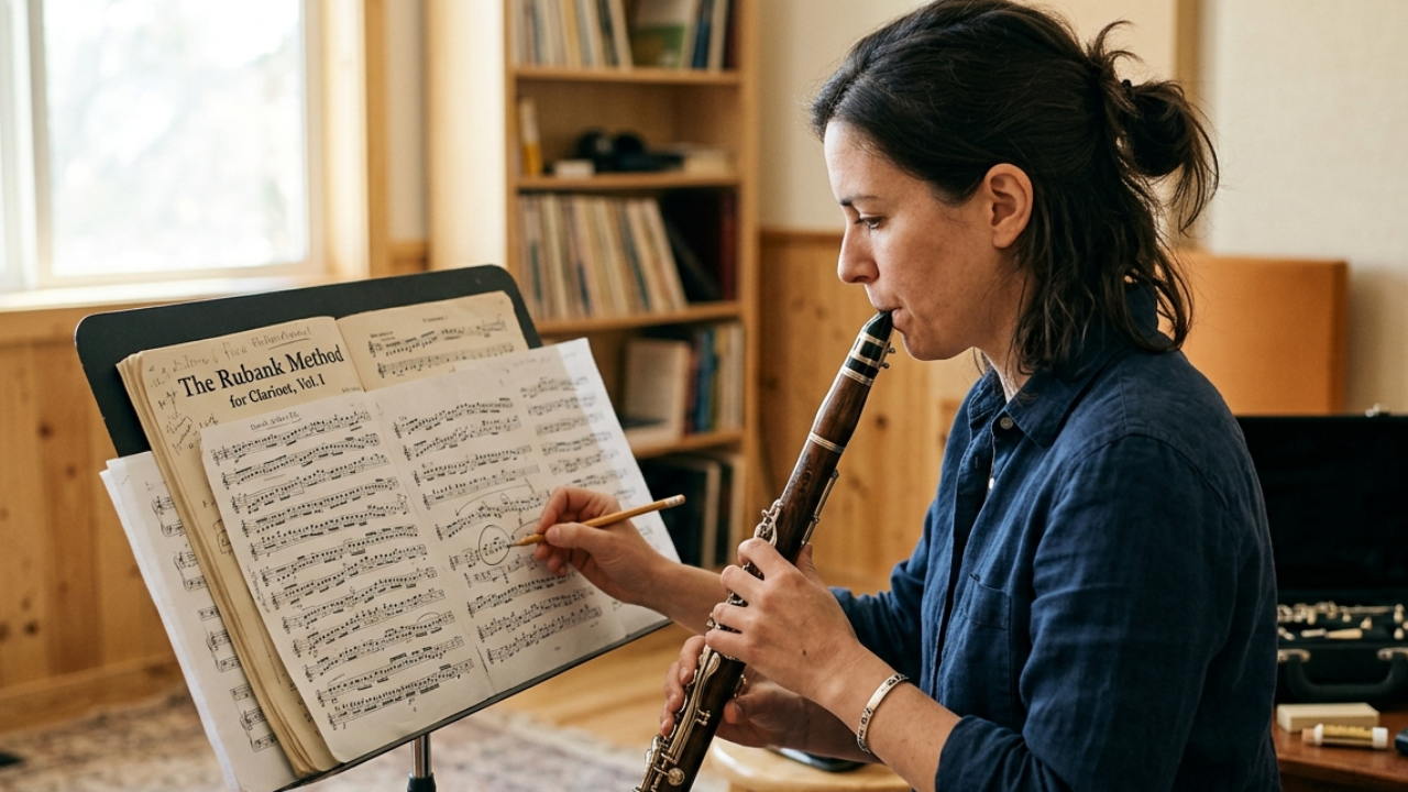 Clarinetist practicing varied scale patterns with marked sheet music and exercises on a music stand.
