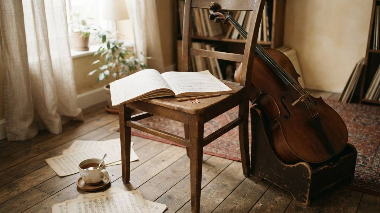 A musical instrument resting beside sheet music in a quiet room with warm natural light