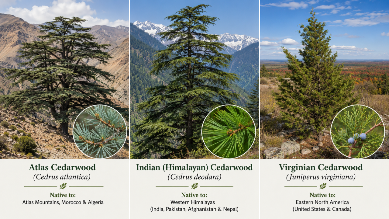 compares 3 cedarwood trees: Atlas cedarwood, Himalayan cedarwood, Virginia cedarwood