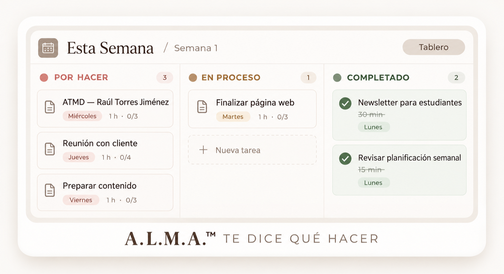 Ejemplo de tablero semanal A.L.M.A. en Notion
