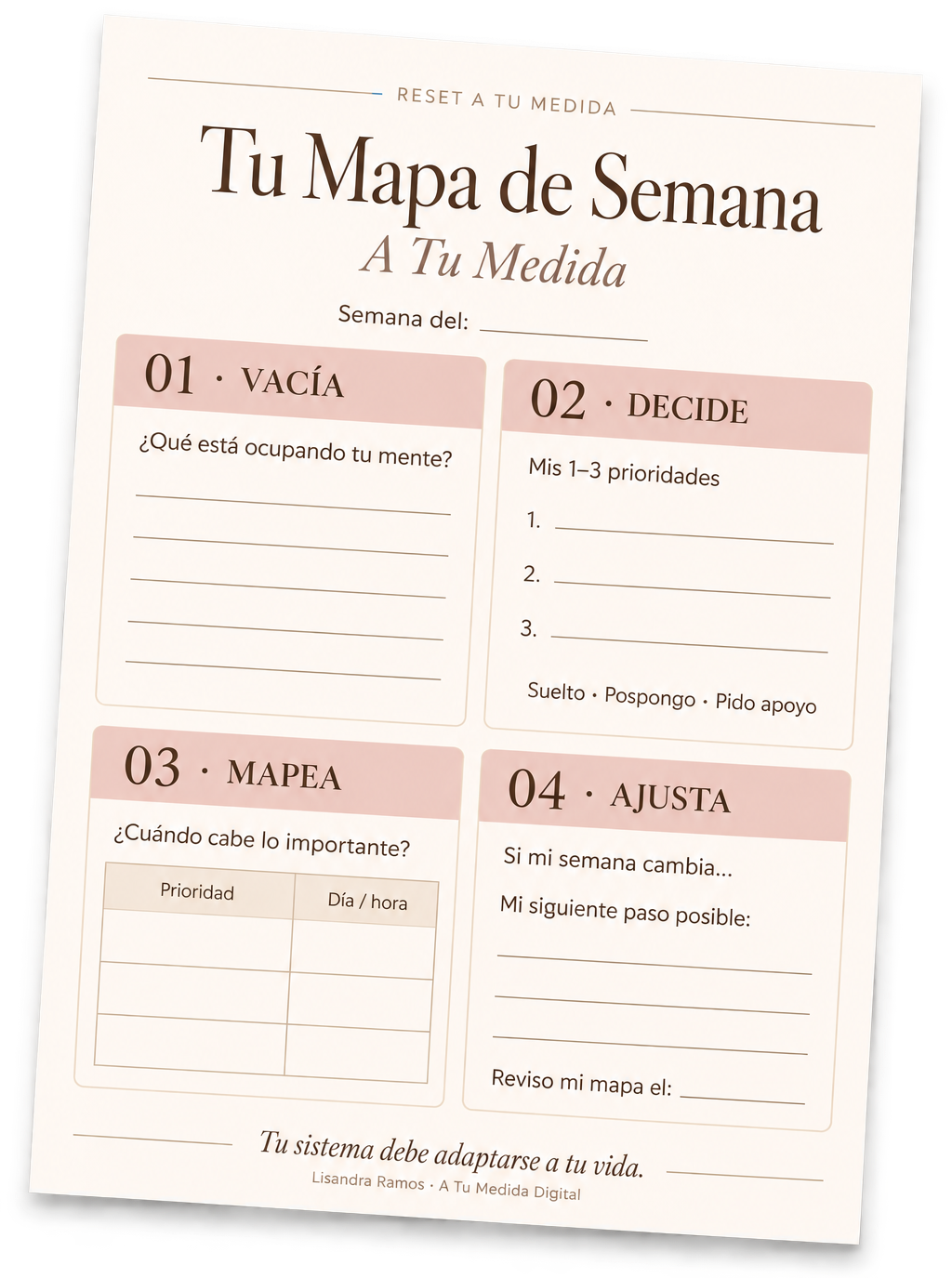 Tu Mapa de Semana A Tu Medida, con cuatro espacios para completar: Vacía, Decide, Mapea y Ajusta.
