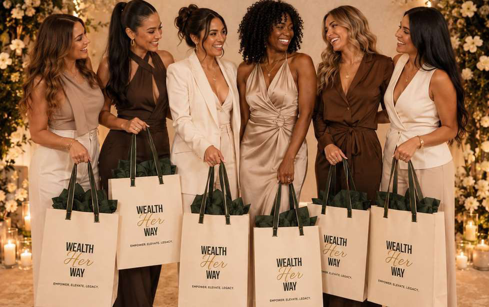 Six women in evening wear holding Wealth Her Way gift bags in a candlelit floral setting.