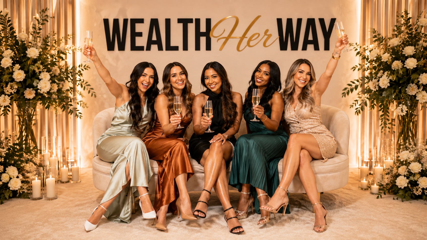 Five women in evening dresses seated together on a cream sofa, raising champagne glasses in front of a Wealth Her Way backdrop.