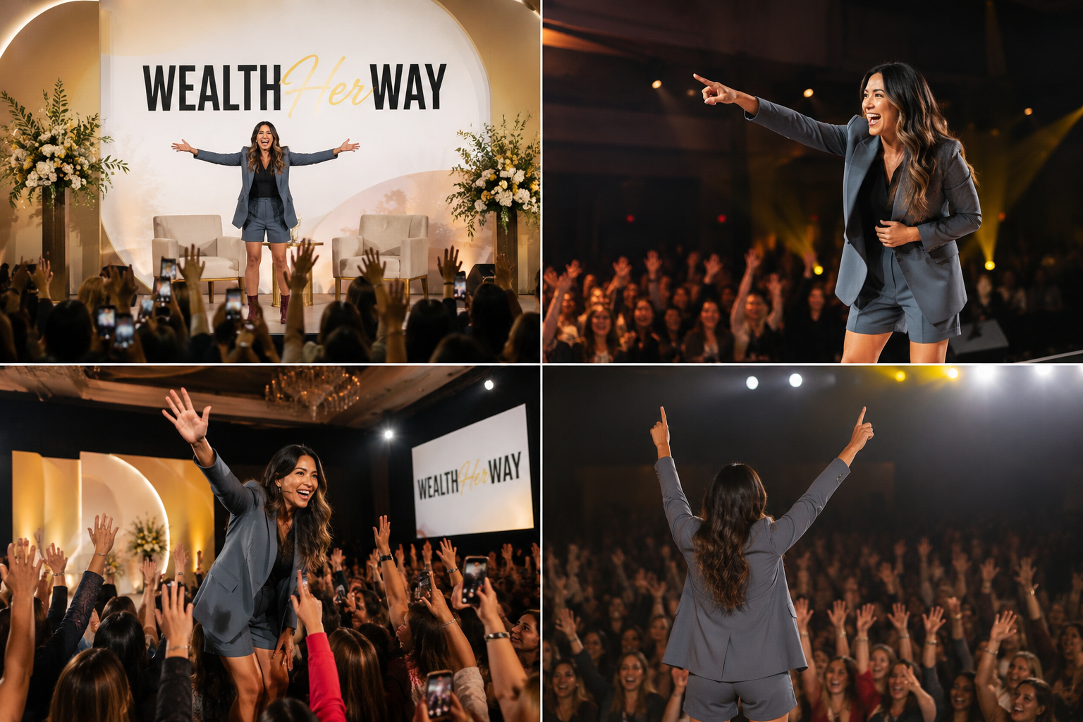 Four photographs of Nim Stant on stage at Wealth Her Way: arms wide beneath the backdrop, pointing out into the crowd, lifted above a sea of raised hands, and facing a packed room from the stage.