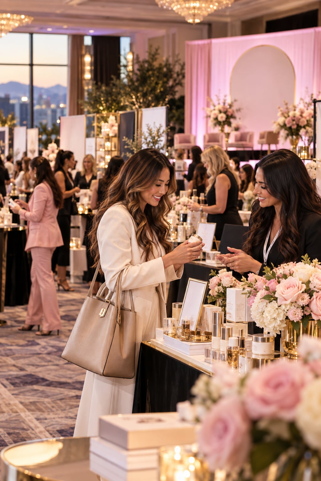 Two women talking across a beauty vendor table in a hotel ballroom, one holding a jar of skincare, gold-rimmed product displays and pale roses on the table.