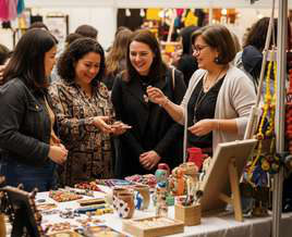 A group of women examining jewellery at a market stall.