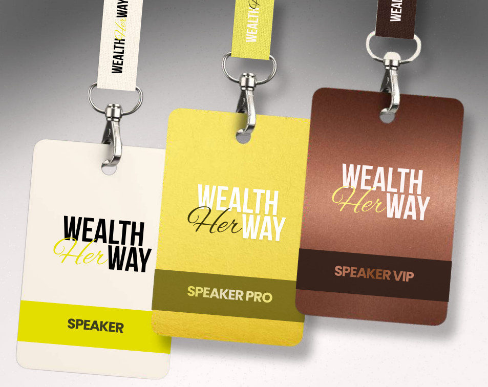 The three Wealth Her Way badges hanging side by side: cream Speaker, yellow Speaker Pro and bronze Speaker VIP.