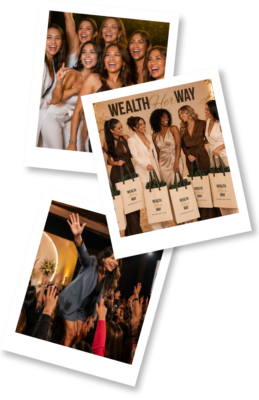 Three Polaroid-style photographs from Wealth Her Way: guests in white laughing together, a line of guests holding Wealth Her Way tote bags in front of the event backdrop, and Nim Stant reaching down to a crowd of raised hands.