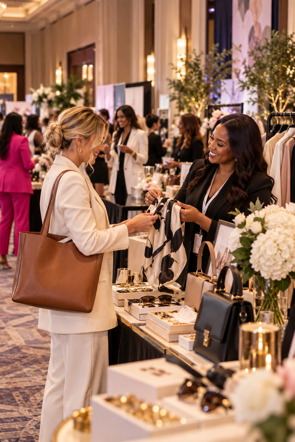 A vendor showing a printed silk scarf to a shopper at a fashion and accessories table, with handbags, sunglasses and white hydrangeas on display.