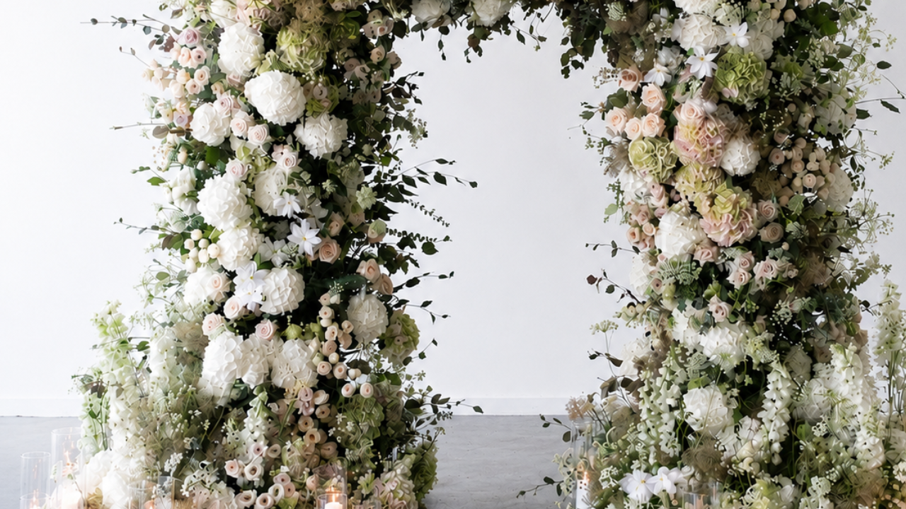 Large floral wedding arch filled with white, blush pink and soft green flowers, photographed against a clean white studio wall.
