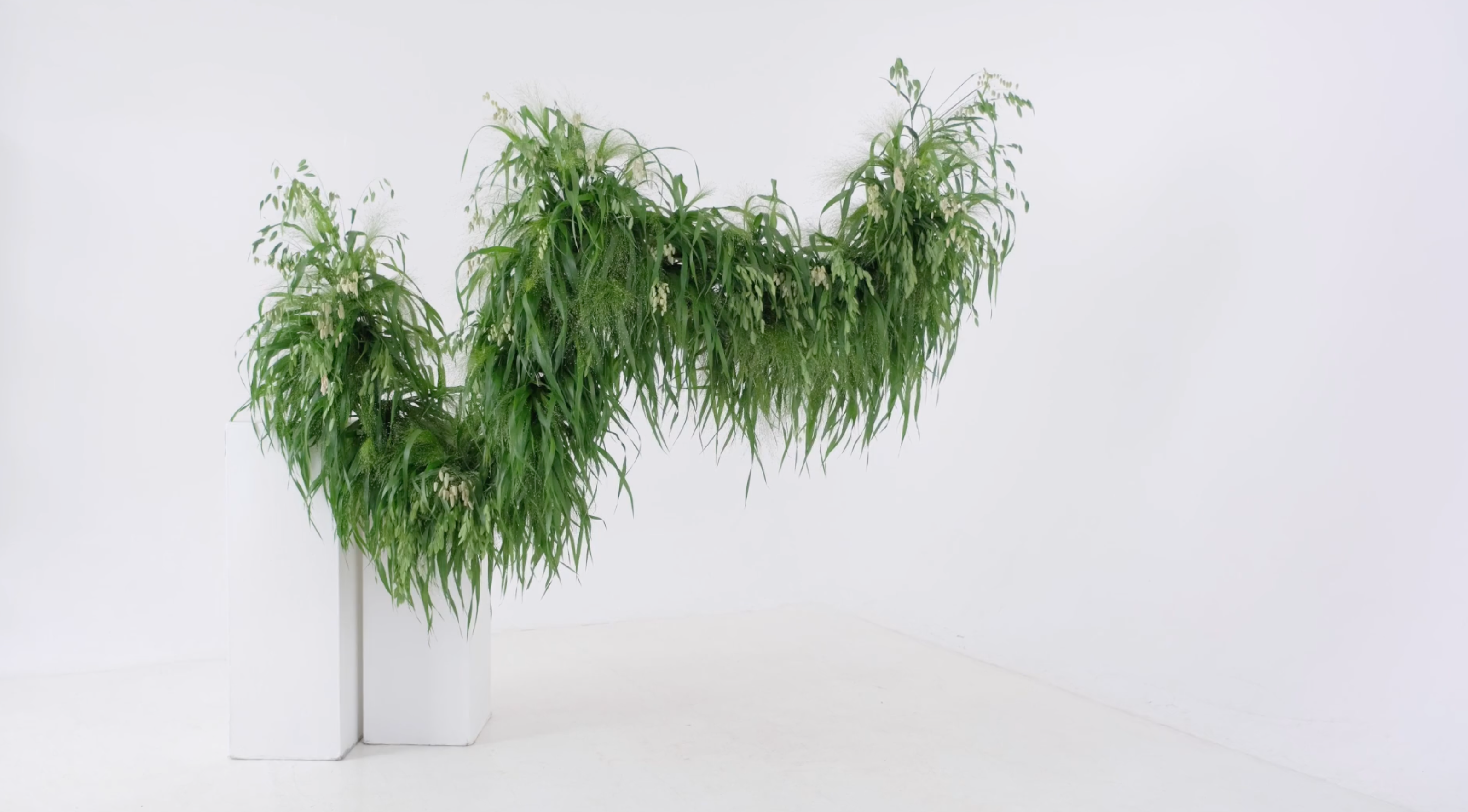 A large, asymmetrical floral installation made from layered green grasses and foliage, arranged across three white plinths against a white background.
