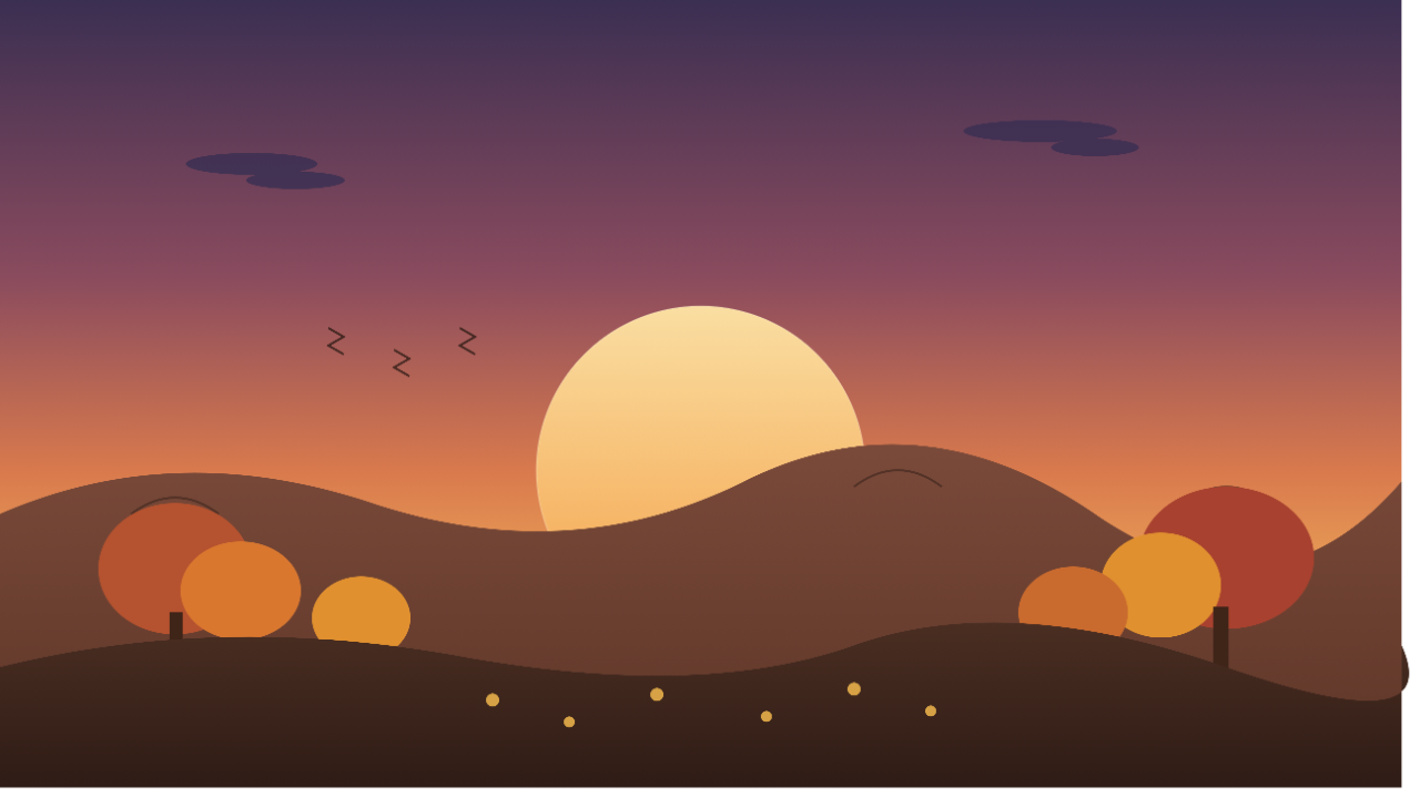 Illustration of an autumn sunset with a large golden sun on the horizon, rolling hills, orange and gold trees, and geese flying south across a purple-to-amber sky.