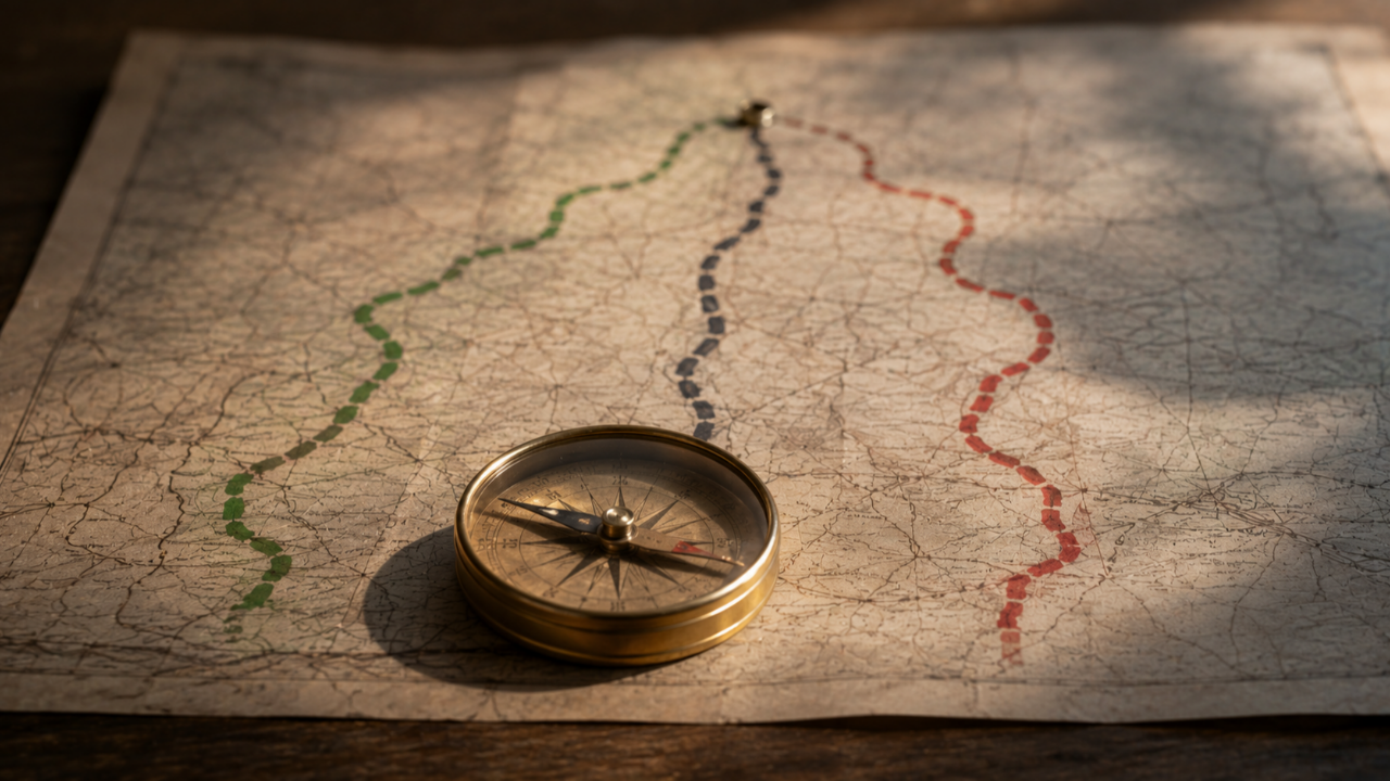 Brass compass on a weathered map with three colored trails diverging, illustrating choosing the right direction when evaluating a pelvic floor exercise provider.