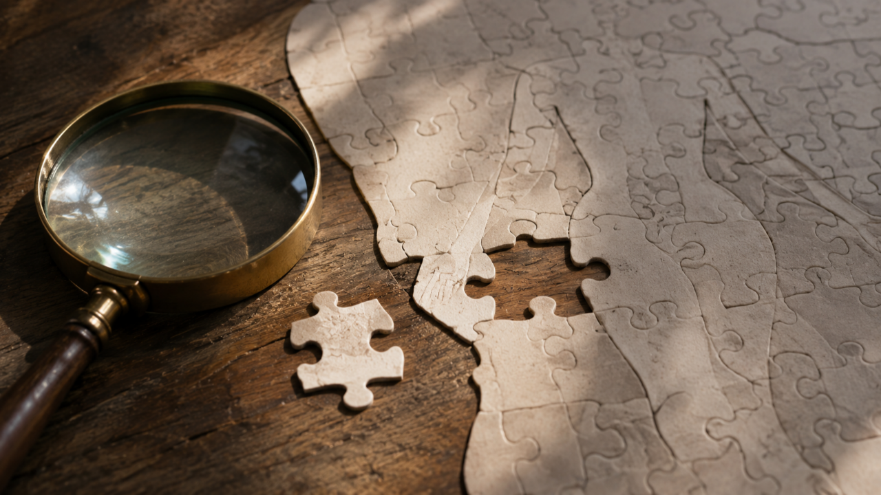Magnifying glass resting on scattered puzzle pieces, representing carefully comparing pelvic floor treatment options.