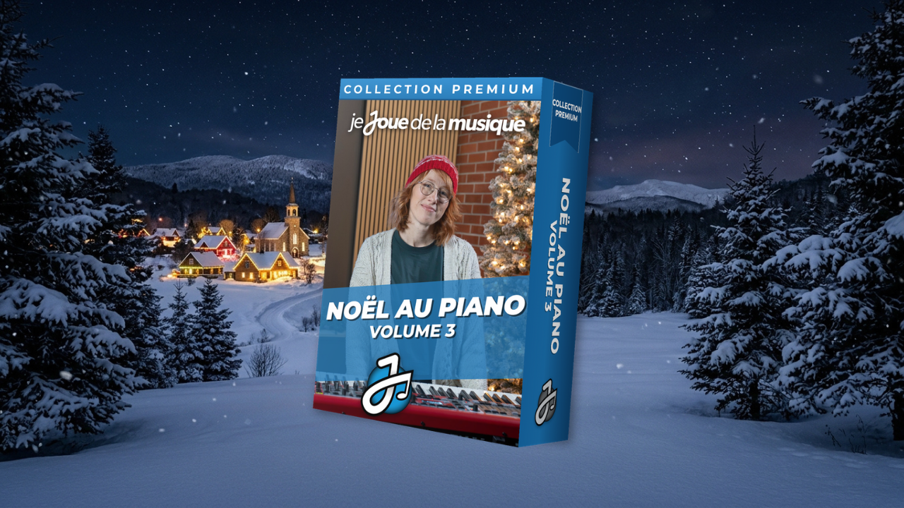 Boîte du cours Noël au piano, volume 3, devant un village enneigé