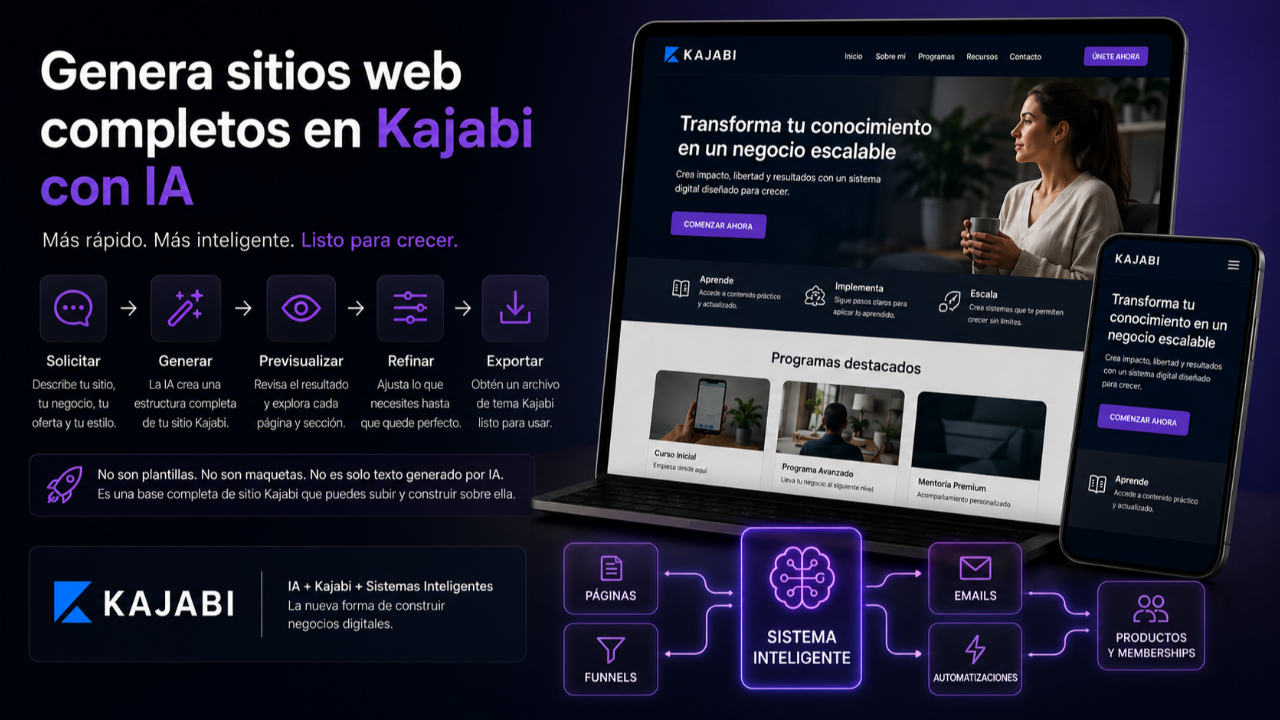 Sitios web completos en Kajabi generados con IA usando Pro Studio