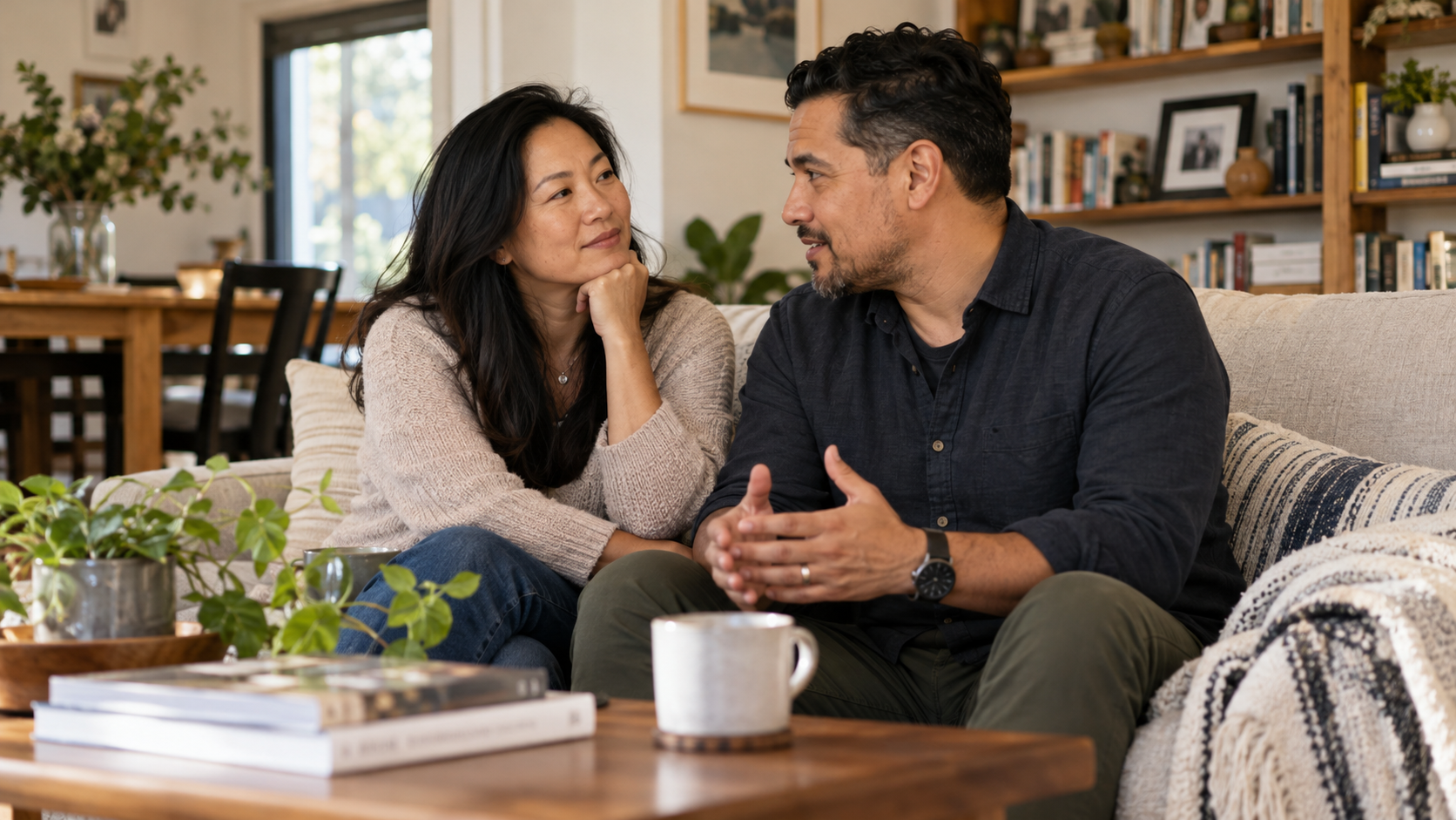 A couple talking together in an everyday apartment setting