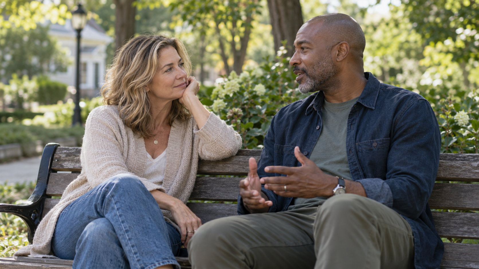 A couple reconnecting outdoors