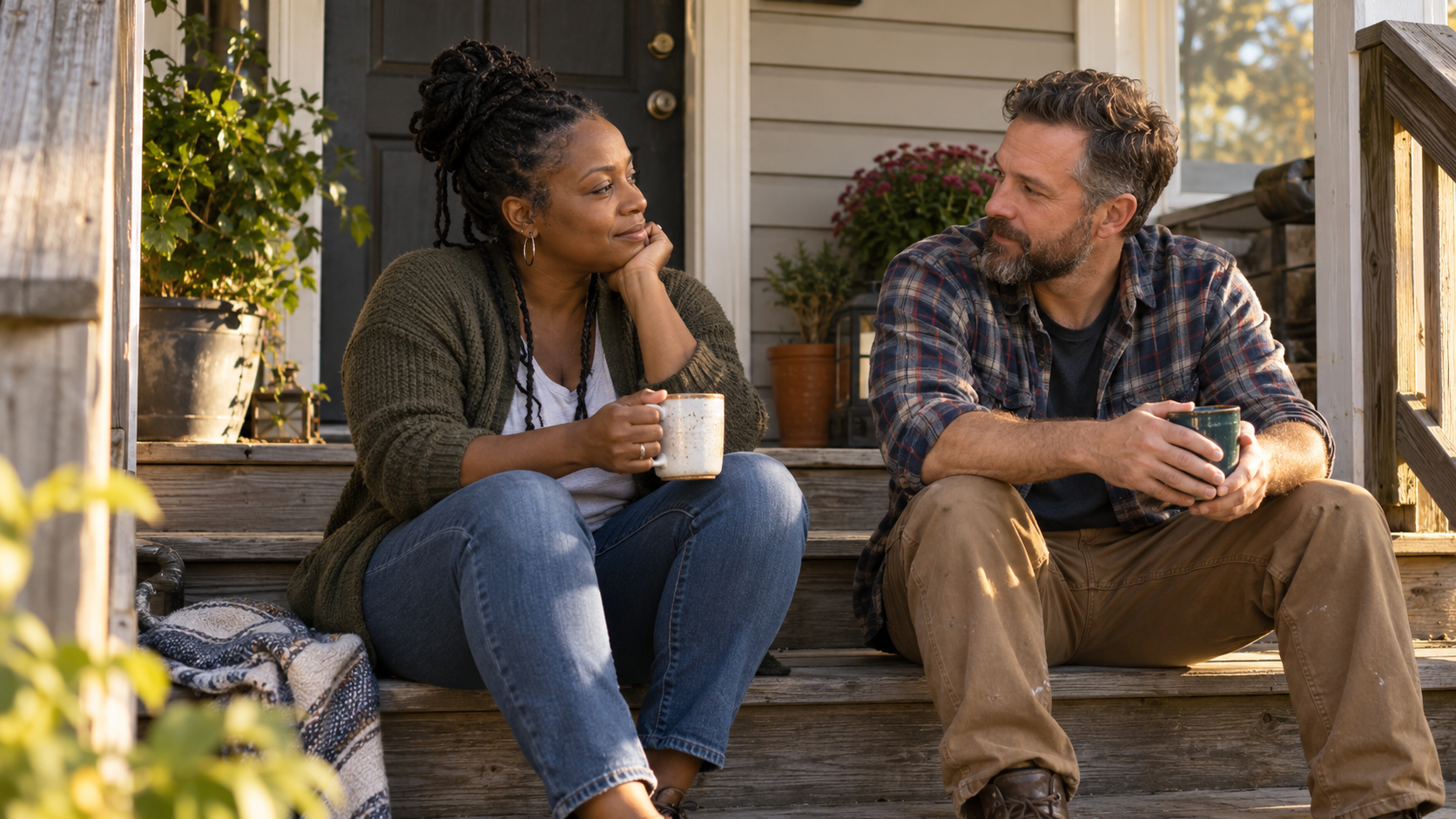 A couple having a quiet conversation on a porch