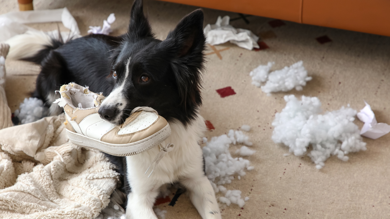 A black and white dog has a tan shoe in its mouth and is surrounded by blankets and stuffing on the tan carpeted floor.