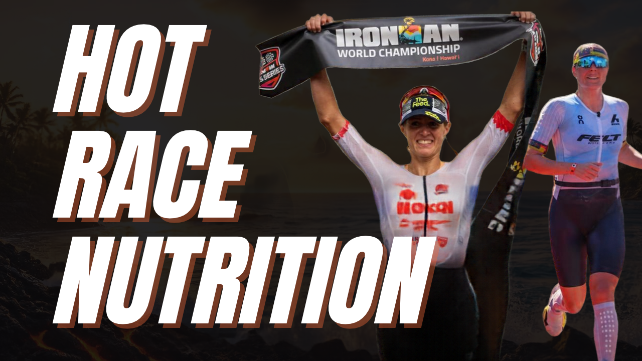 Triathlon nutrition in the heat, age-group triathlete running a hot race course in full sun