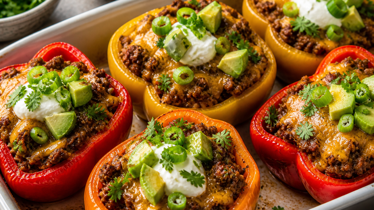 Orange and red peppers stuffed with taco meann and topped withsour cream, avocado, cilantro and green onion