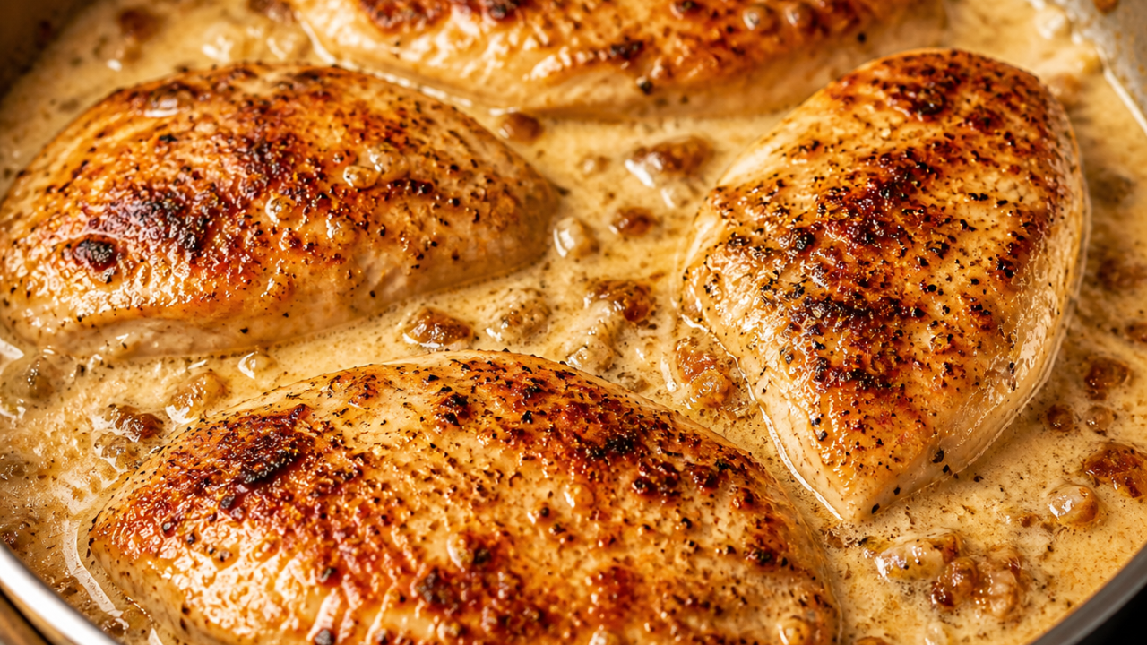 skillet with 4 chicken breasts covered in creamy garlic parm sauce