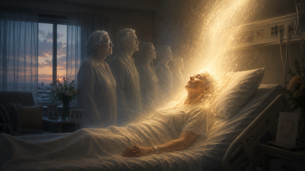 A woman lying peacefully in a bed with golden light emanating from her, as translucent ancestral figures stand beside her, symbolizing soul transition and ancestral connection at the time of death.