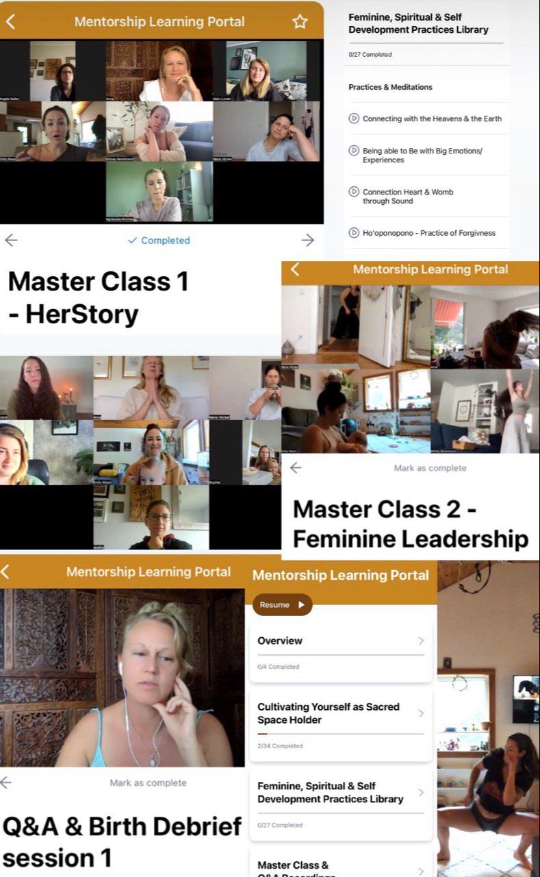 Screenshots of a mentorship learning portal, featuring virtual classes focused on feminine leadership.