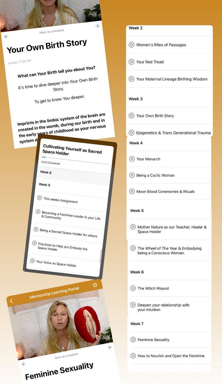 Screenshot of an online course platform displaying a birth story lesson, a multi-week course outline on feminine topics.
