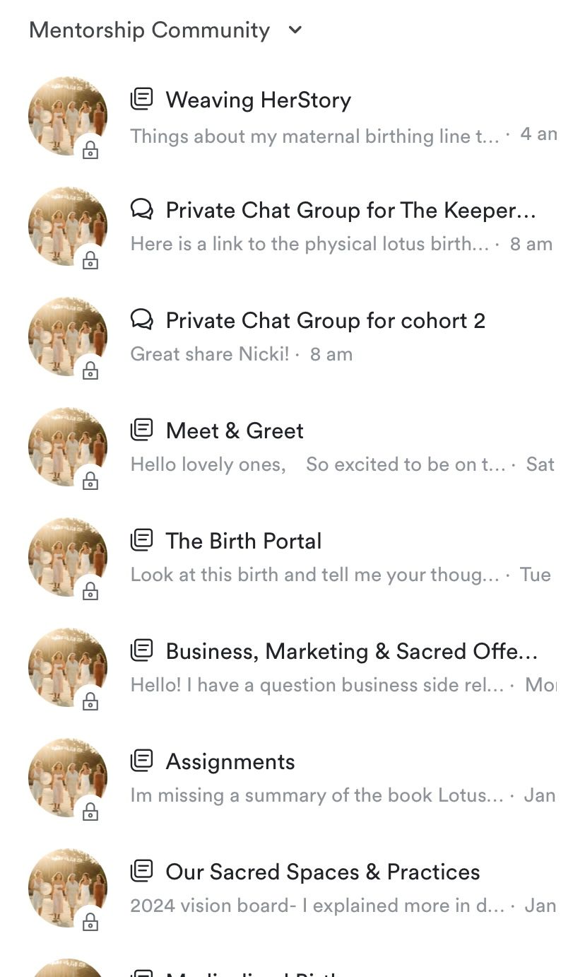 Screenshot of a mentorship community app interface displaying group chat titles such as 'Weaving HerStory,' 'Meet & Greet'.