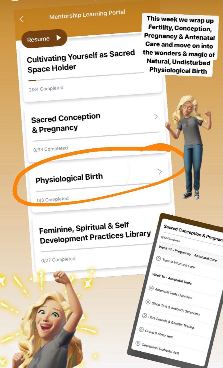 Screenshot of a mentorship learning portal showing course modules on conception, pregnancy, and birth.