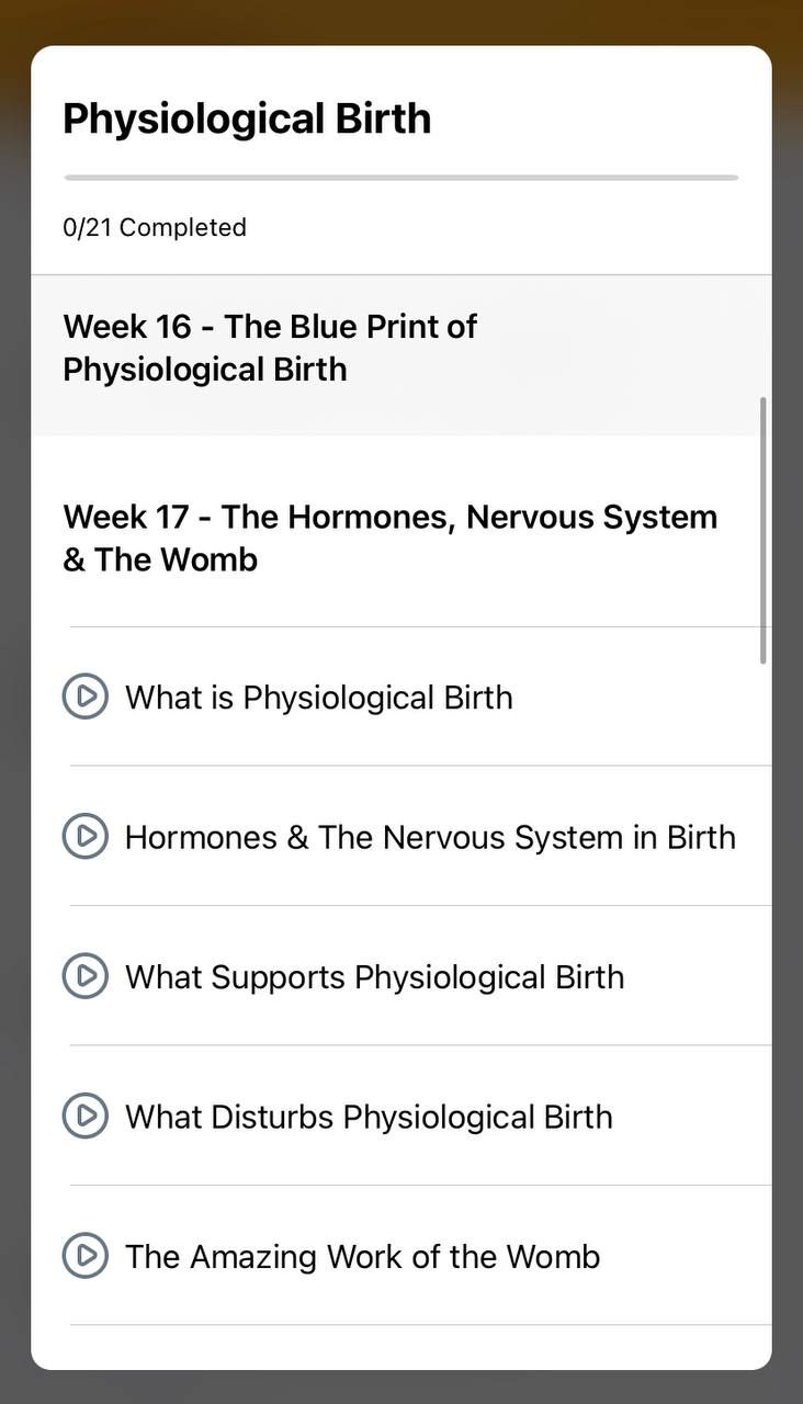 A course module titled 'Physiological Birth' shows topics and a list of lesson titles with play icons next to each lesson.