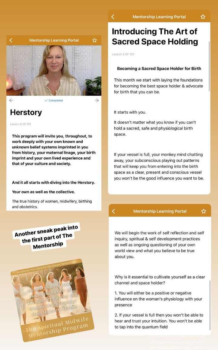 A collage of screenshots showing course material on sacred space holding and herstory.