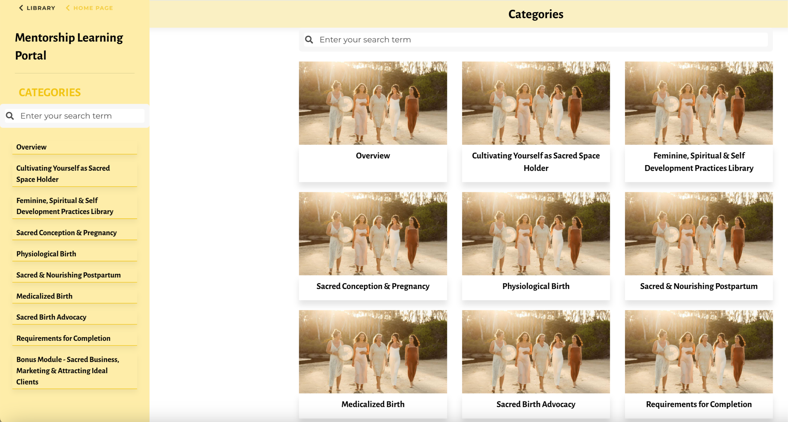 Screenshot of a mentorship learning portal displaying course categories, each featuring a group photo of women.