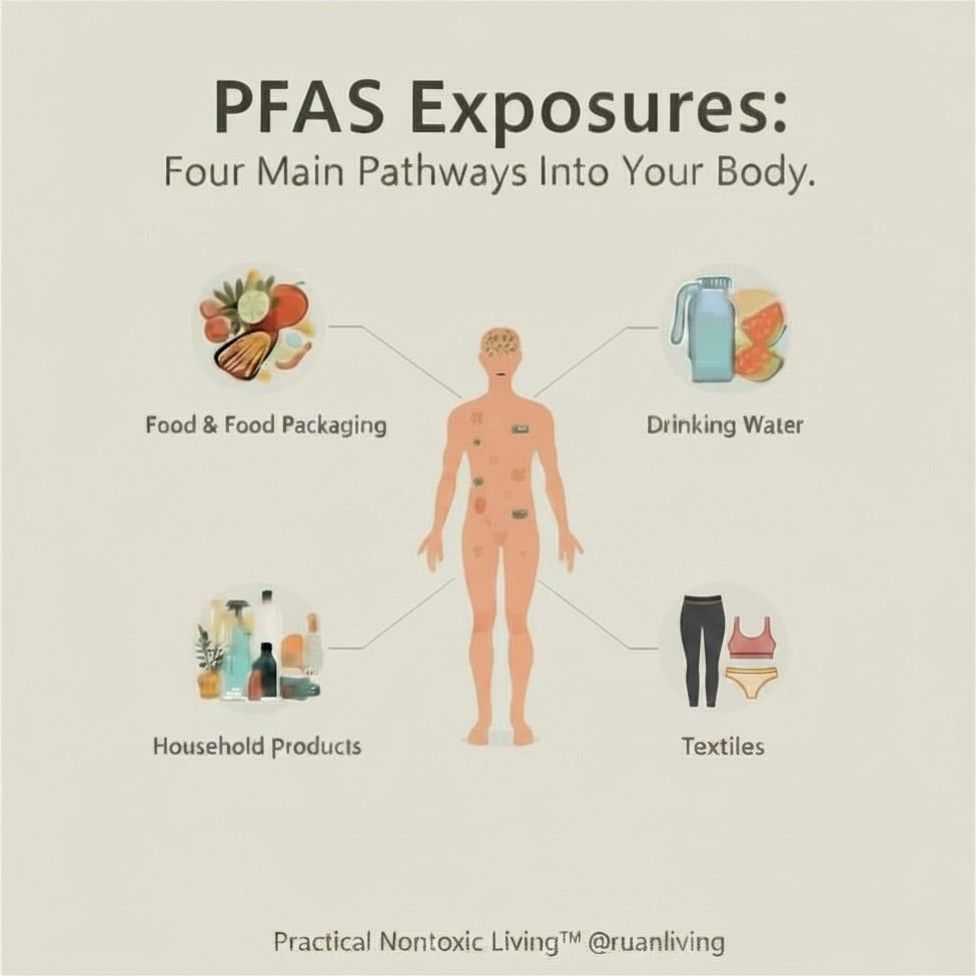 Human body with four main categories through which PFAS enter humans: diet, water, household products, and textiles