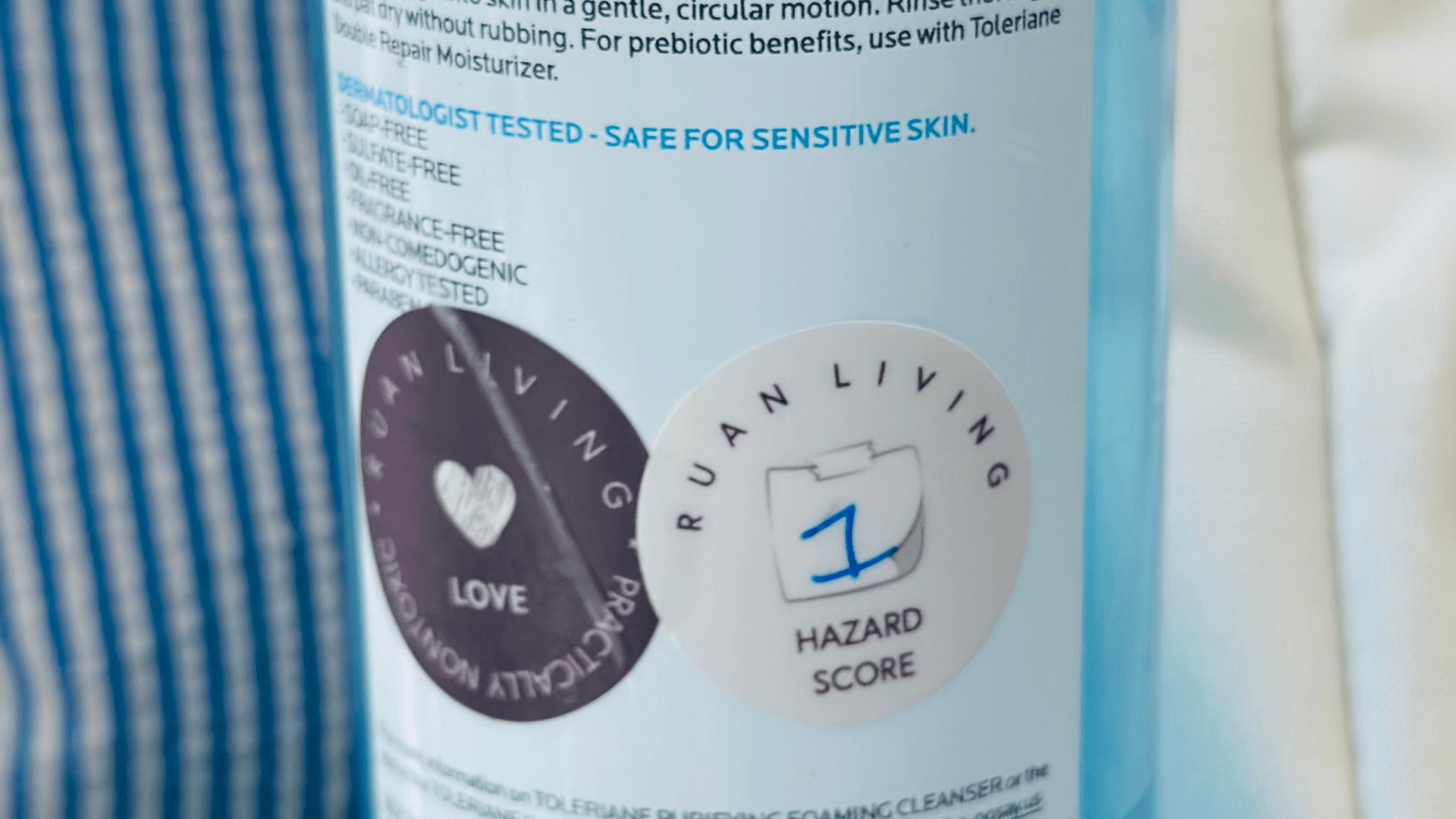 Love Test Detox Stickers on cleanser: Love sticker and Hazard Score 1 sticker