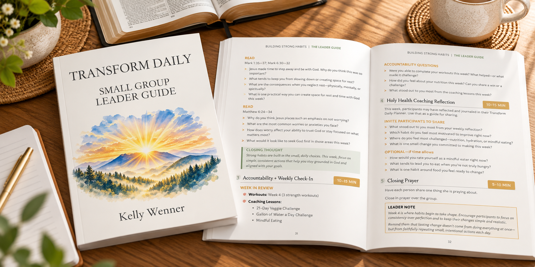 Inside the Transform Daily Small Group Leader Guide, showing weekly Scripture readings, discussion questions, accountability prompts, and leader notes