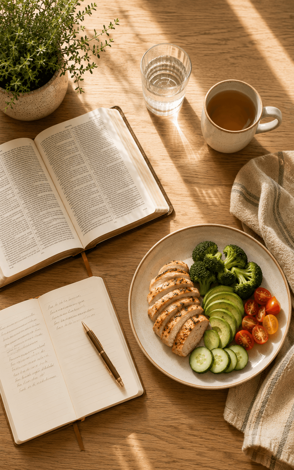 Holy Health meal plan, recipe guide, and Bible side by side