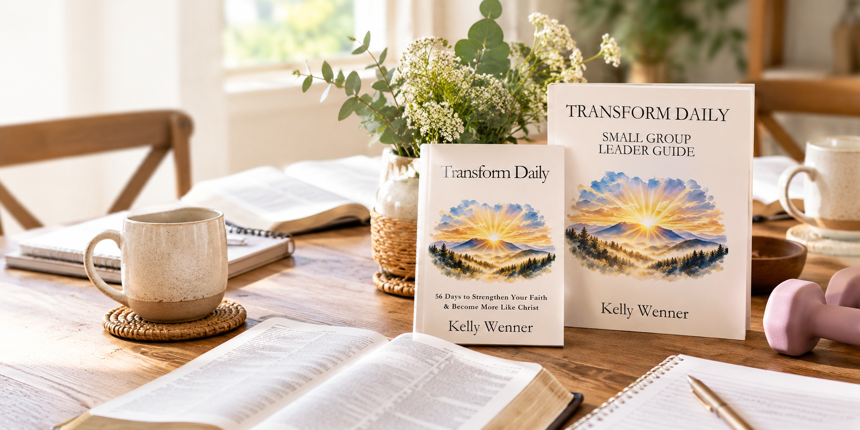 The Transform Daily devotional and the Transform Daily Small Group Leader Guide on a table with open Bibles