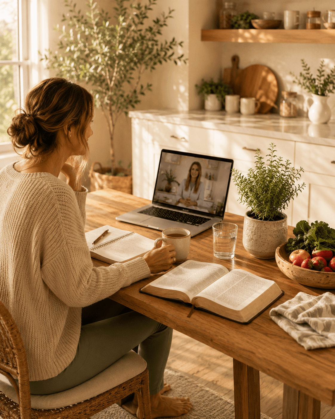 Holy Health nutrition coaching - Bible, fresh produce, and nutrition guide on cream linen