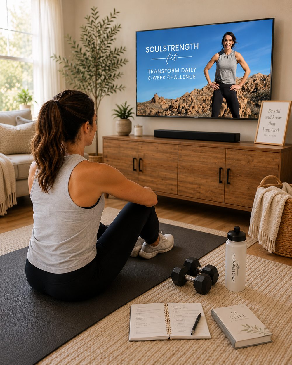 The Transform Daily 8-Week Challenge — a Christian woman in mid-workout at home