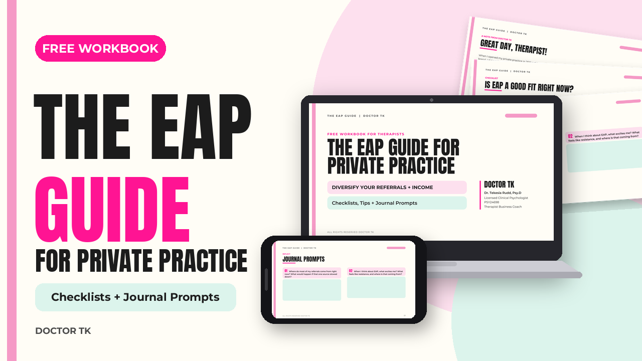 The EAP Guide for Private Practice free workbook shown on a laptop, phone, and printed pages