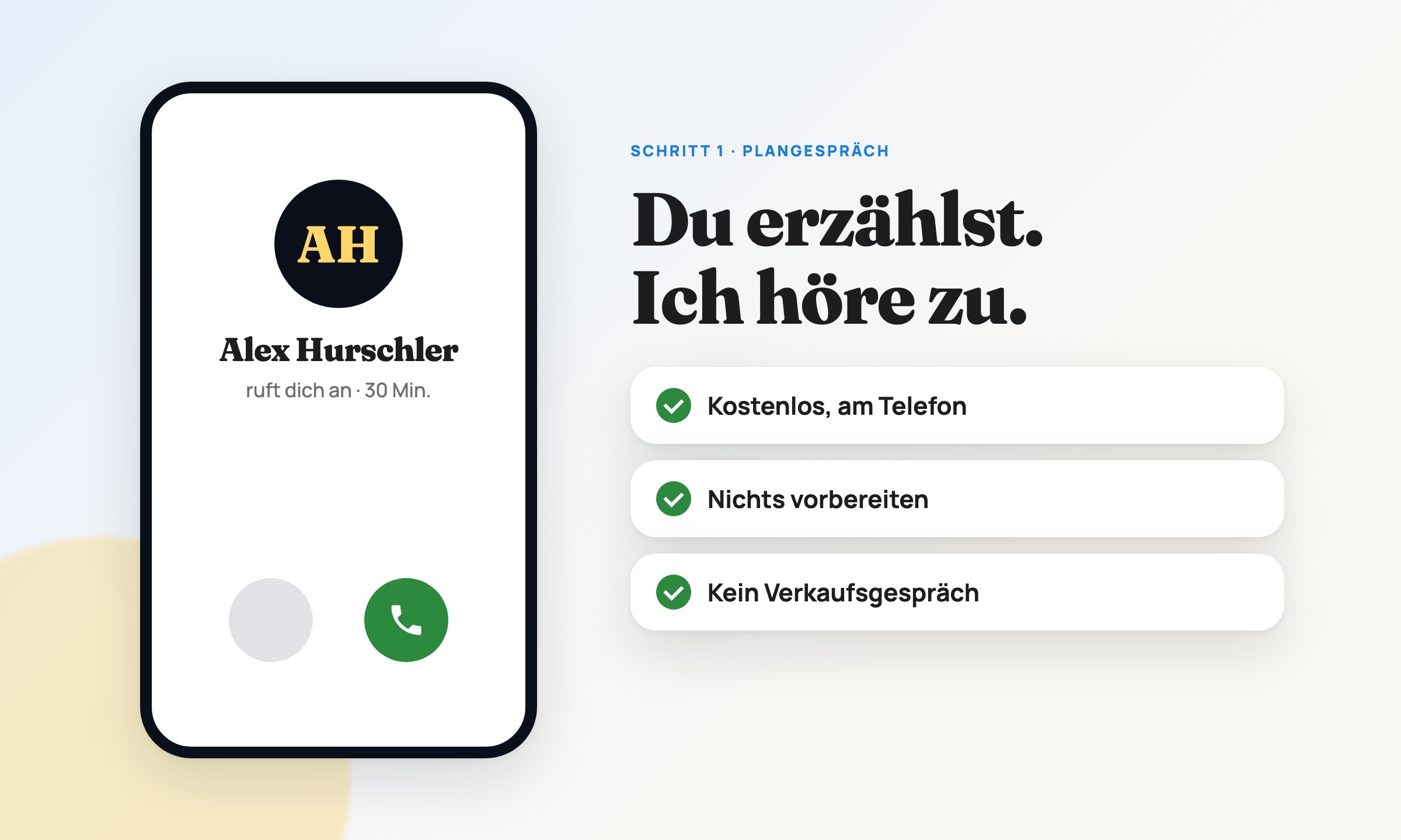 Alex Hurschler ruft dich an: kostenloses Plangespräch, 30 Minuten